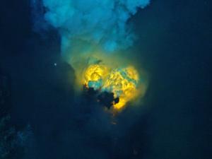 A double magma bubble, about 1 1/2 feet across, emerges from a vent named Hades. Credit: NSF/NOAA