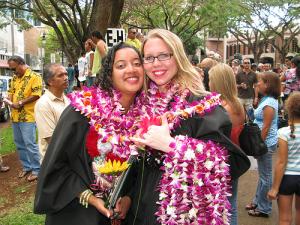 UH West O‘ahu graduates smile following the commencement ceremony.