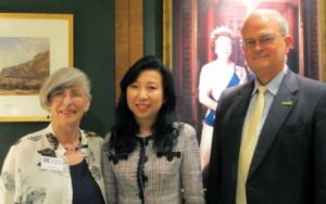 Cecilia Ho (center) with Chancellor Hinshaw and Business Dean Vance Roley.