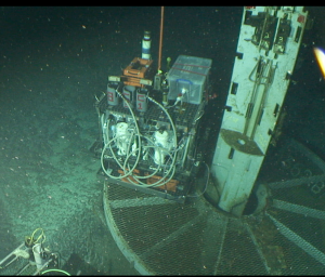 The GeoMicrobe, package of sampling instruments, ready to be plugged into the CORK. Credit: WHOI.