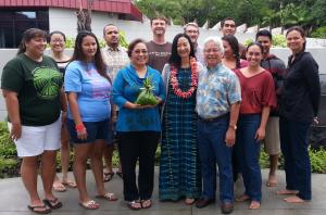 Roberta Uno (center with lei) visited Ka Haka Ula O Keelikolani at UH Hilo