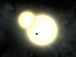 Artist's impression of the simultaneous stellar eclipse and planetary transit events on Kepler-1647.  (Figure credit: Lynette Cook)