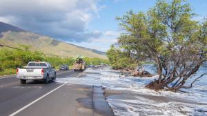 Wave inundation at Honoapiilani Hwy. Other sections are actively undermined by erosion and waves.