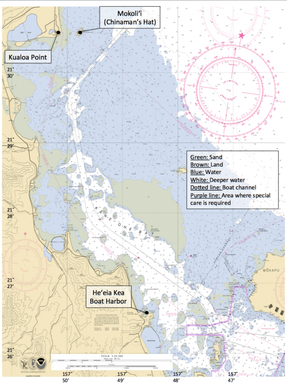 <p><strong>Fig. 8.31.</strong> Nautical chart of Kāne‘ohe Bay, O‘ahu, that shows Mokoli‘i, Kualoa Point, and He‘eia Kea Boat Harbor, as well as the major boat channel, nautical features, and islands within the bay.</p>
