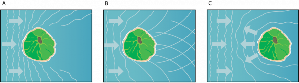 <p><strong>Fig. 8.4.</strong> The figure above shows three examples of how islands can (<strong>A</strong>) block, (<strong>B</strong>) refract, or (<strong>C</strong>) reflect waves and ocean swells.</p>

