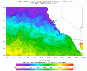<p><strong>Fig. 3.24.</strong> (<strong>A</strong>) A sea surface temperature map of the ocean showing upwelling off the coast of California. Red indicates areas of warmer surface water. Blue indicates areas of cooler surface water.</p>
