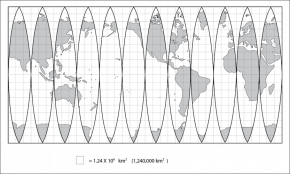 <p><strong>Fig. 1.8.1.</strong> Equal-area map with superimposed grid. One square at the equator represents a surface area of about 1,240,000 square kilometers. On this map land is grey even if it is covered by ice. This map does not show sea ice.</p>
