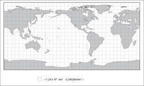 <p><strong>Fig. 1.8.2.</strong> Cylindrical-projection map with superimposed grid. One square at the equator represents a surface area of about 1,240,000 square kilometers. On this map land is grey even if it is covered by ice. This map does not show sea ice.</p>
