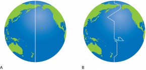 <p><strong>Fig. 1.14.</strong> (<strong>A</strong>) The 180˚ meridian (<strong>B</strong>) The international date line</p>
