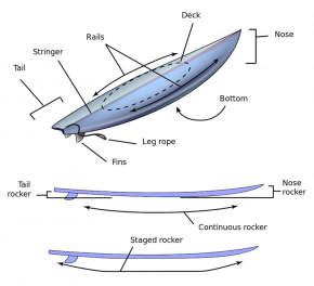 <p><strong>SF Fig. 4.3.</strong> Surfboard features outlined in this diagram, including the nose, rails, fins, and tail shape, all contribute to the overall design of the board.</p>