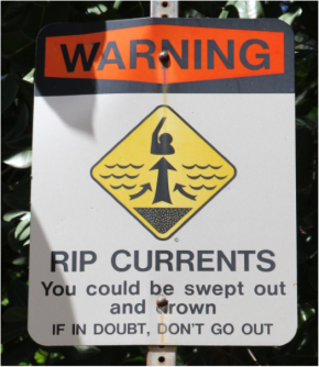 <p><strong>Fig. 5.21.</strong> (<strong>B</strong>) A sign at Ha‘ena Beach Park, Kaua‘i, Hawai‘I, warns swimmers that rip currents can sweep swimmers out to sea.</p>

