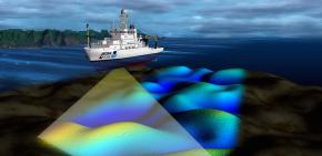 <p><strong>Fig. 2.16. </strong>(<strong>A</strong>) A computer rendering of how multibeam SONAR is used to collect hydrographic data for nautical charts.</p>
