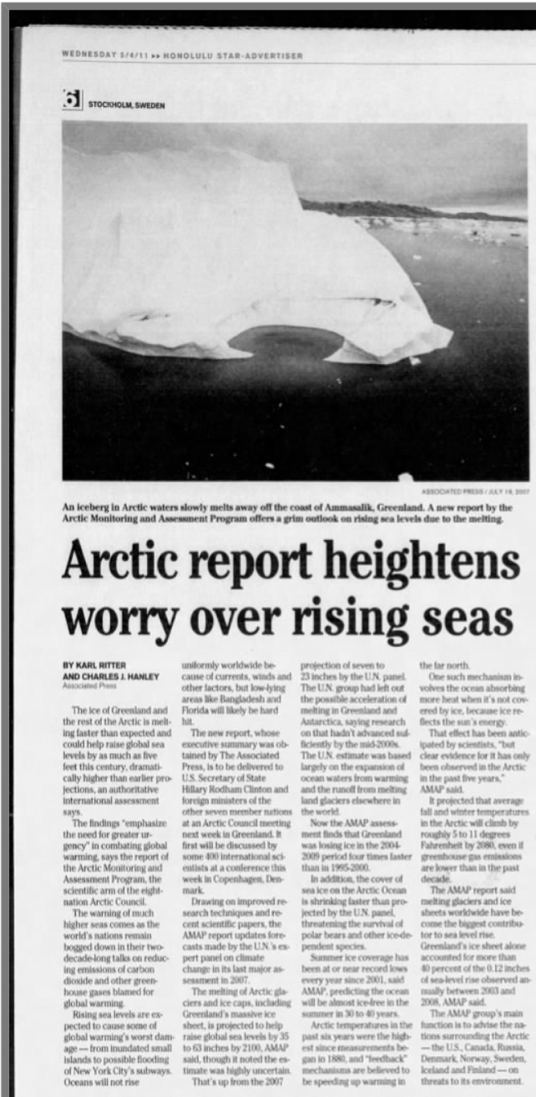 <p>Fig. 1. Article published in the Honolulu Star Advertiser in 2011 about rising sea levels.&nbsp;</p>
