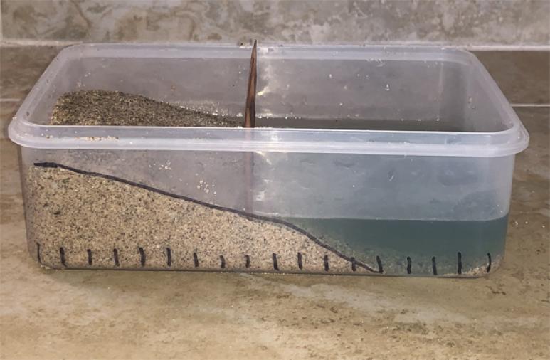 <p>Fig. 2. Ocean model set-up with sandy beach slope marked in black marker, shoreline marked by tothpicks, and centimeters marked across the bottom.</p>